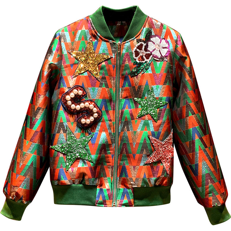 Front view of a multicolor bomber jacket with green trim, sequin stars and flowers, and a beaded S patch.