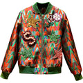 Front view of a multicolor bomber jacket with green trim, sequin stars and flowers, and a beaded S patch.