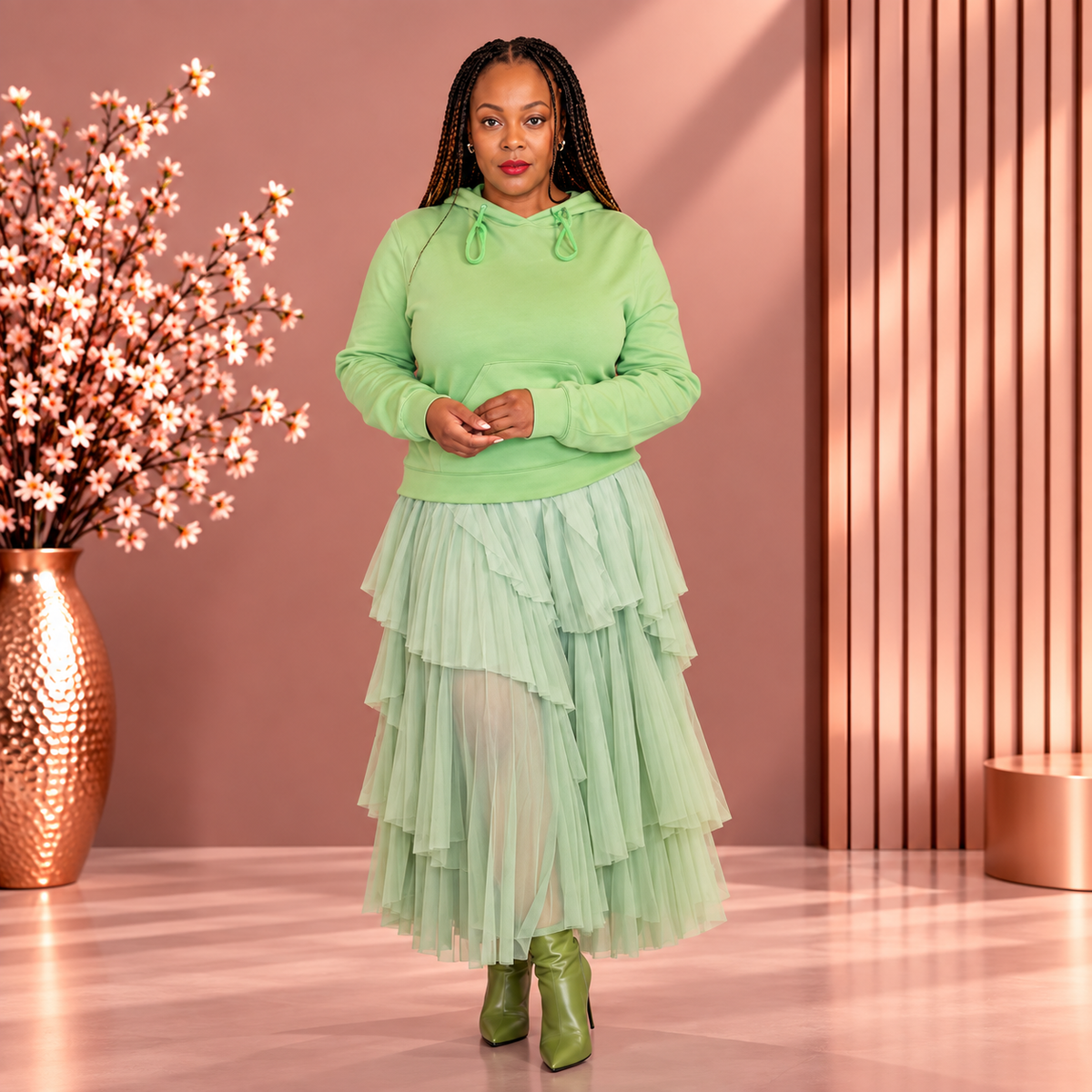 Model wearing a green hooded dress with long sleeves and a layered asymmetric pleated skirt, front view.