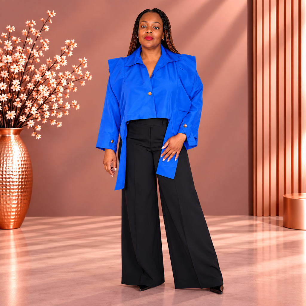 Model wearing a royal blue cropped jacket with structured shoulders, gold buttons, and long hanging front panels.