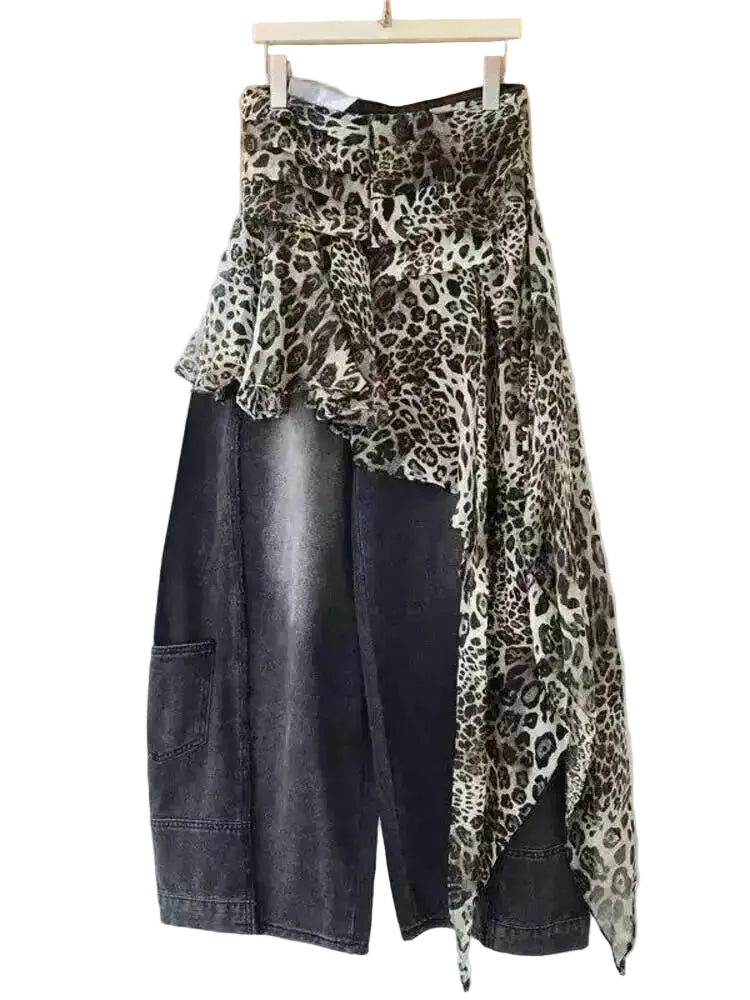 Light blue wide-leg jeans showing the asymmetric leopard-print wrap panel.