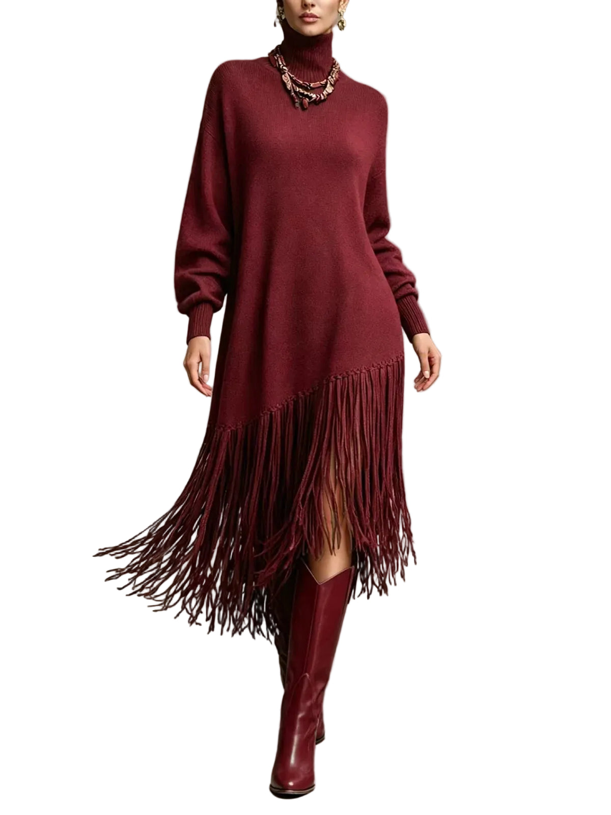 Model wearing a burgundy turtleneck sweater dress with long sleeves and an asymmetric fringe hem, front view.
