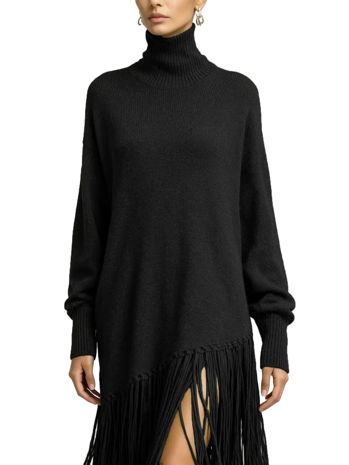 Close-up of a black turtleneck sweater dress with ribbed cuffs and an asymmetric fringe hem.