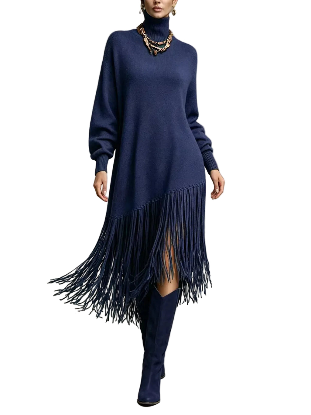 Model wearing a navy turtleneck sweater dress with long sleeves and an asymmetric long fringe hem, front view.
