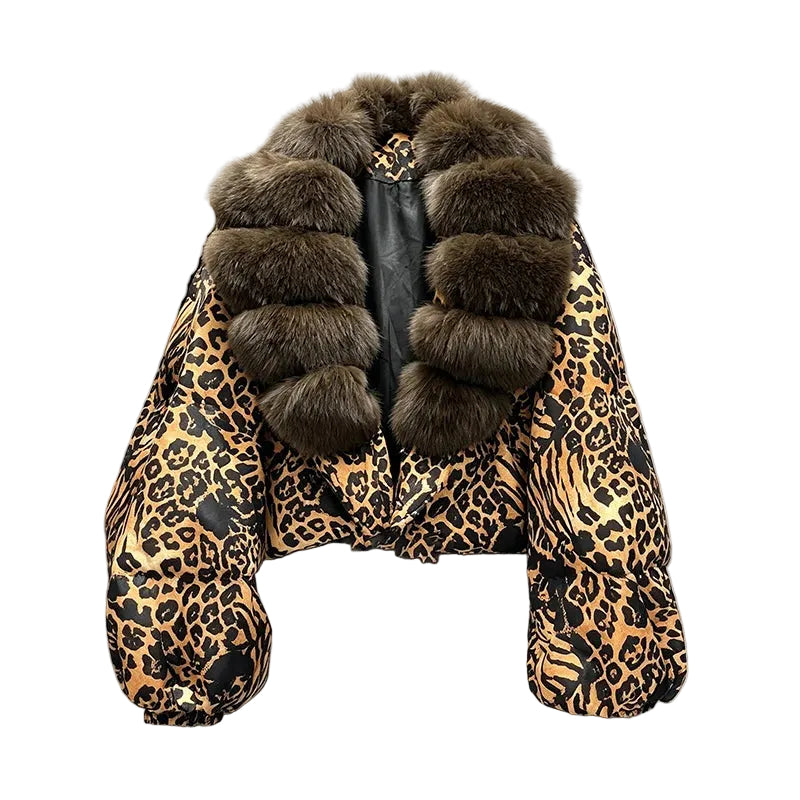 Leopard-print cropped jacket with a thick brown fluffy collar and balloon sleeves, front view.
