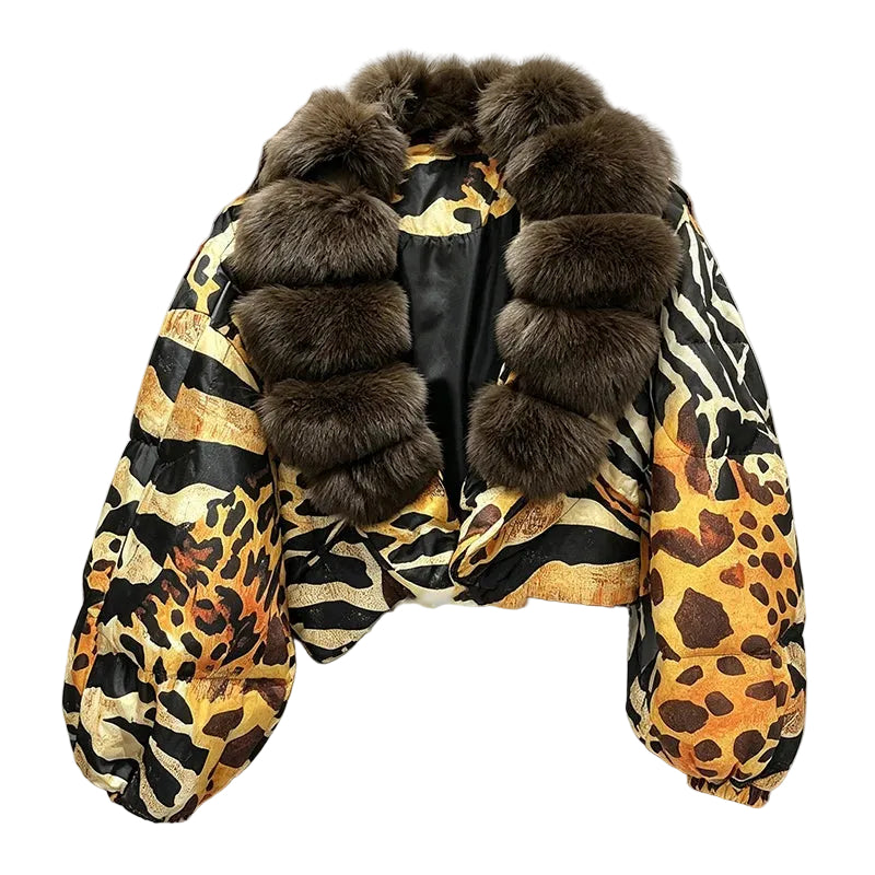 Gold and black animal-print cropped jacket with a thick brown fluffy collar and balloon sleeves, front view.