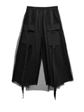 Black wide-leg cargo pants with sheer mesh overlays, flap pockets, rings, and hanging straps, product view.