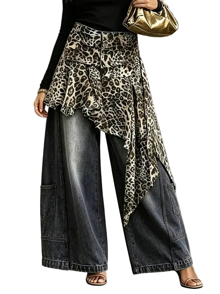 Light blue wide-leg jeans with an asymmetric leopard-print overlay, shown on a model.
