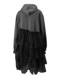 Back view of a gray hooded dress with a black tiered tulle skirt and long sleeves.