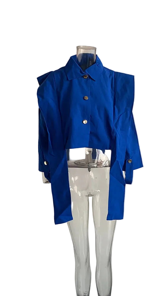 Royal blue cropped jacket with gold buttons and hanging front panels on a clear mannequin, front view.