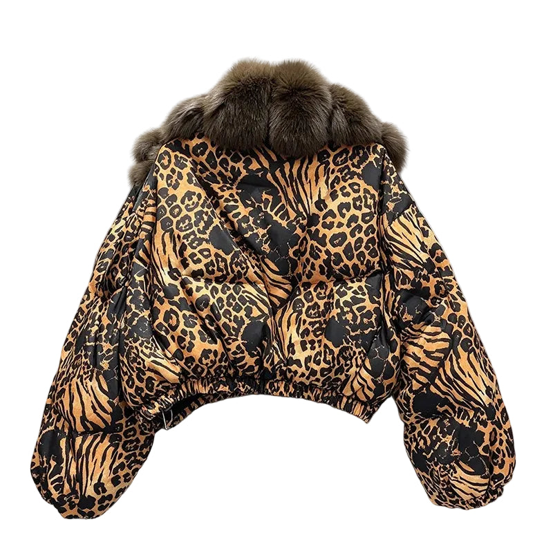 Back view of a leopard-print cropped jacket with a brown fluffy collar and gathered hem.