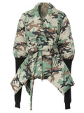 Camouflage padded jacket with wide lapels, a waist tie, pointed hem panels, and long black cuffs, front view.
