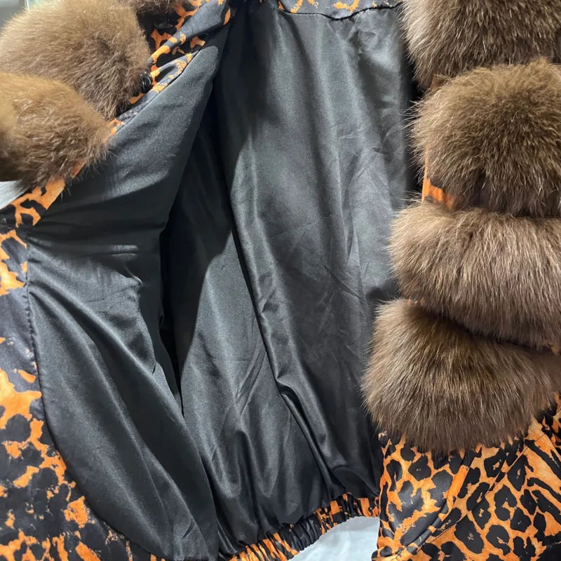 Close-up of the animal-print jacket's black lining and thick brown fluffy collar.