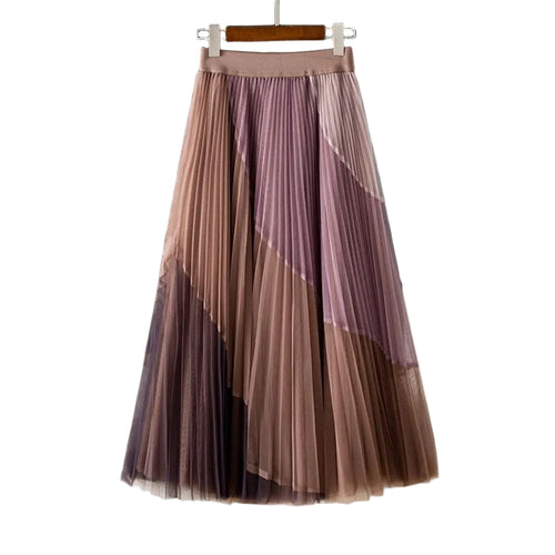 Mauve and brown color-block pleated midi skirt with a wide waistband, hanging front view.