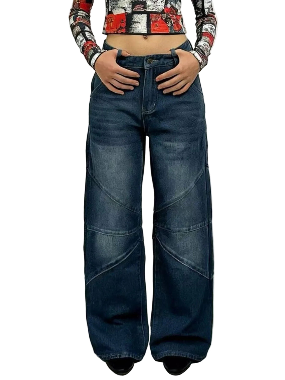 Model wearing dark blue wide-leg jeans with faded panels and curved leg seams, front view.