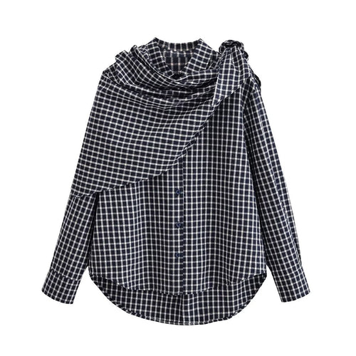 Black and white checked button-front shirt with a draped matching scarf tied at one shoulder, front view.