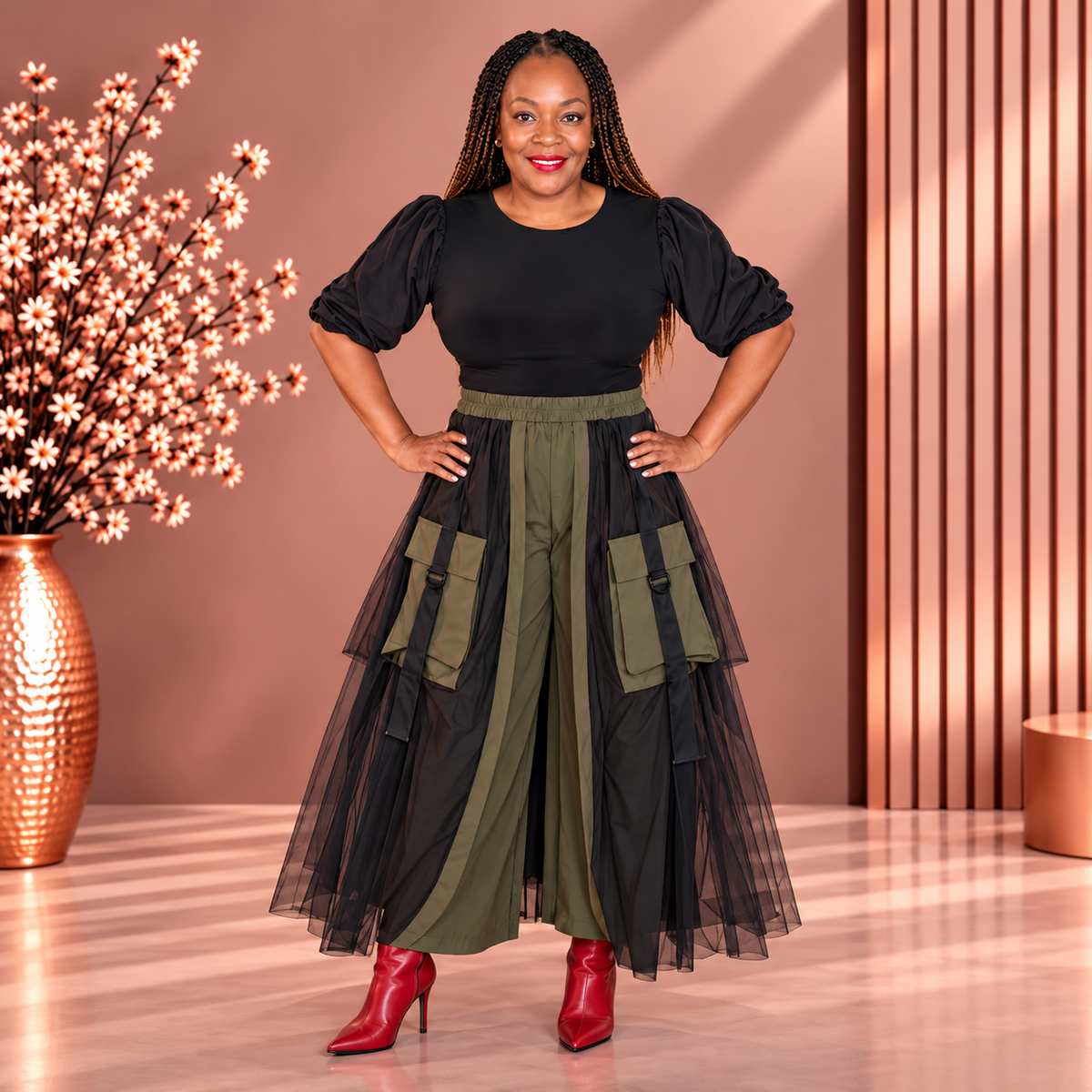 Model wearing olive green wide-leg pants with black mesh overlays and buckled cargo pockets, front view.