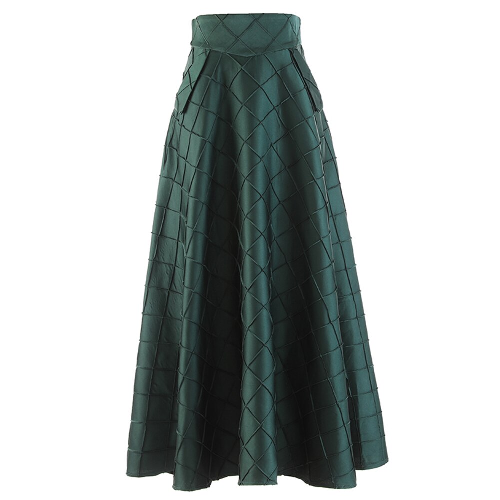 Dark green A-line skirt with a wide waistband and raised diamond pattern, front view.