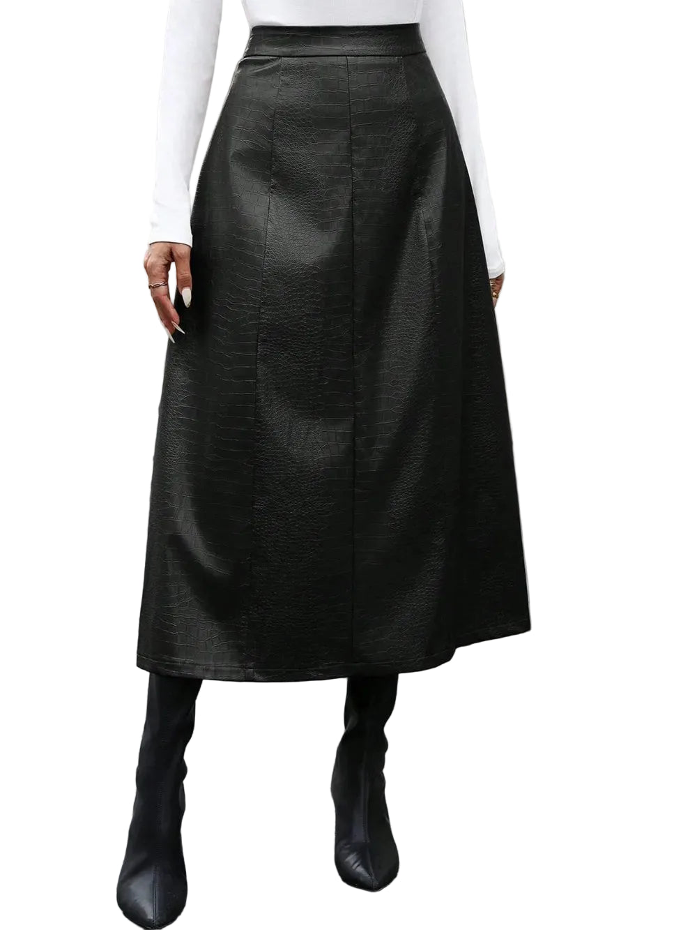 Model wearing a black textured high-waist A-line midi skirt, front view.