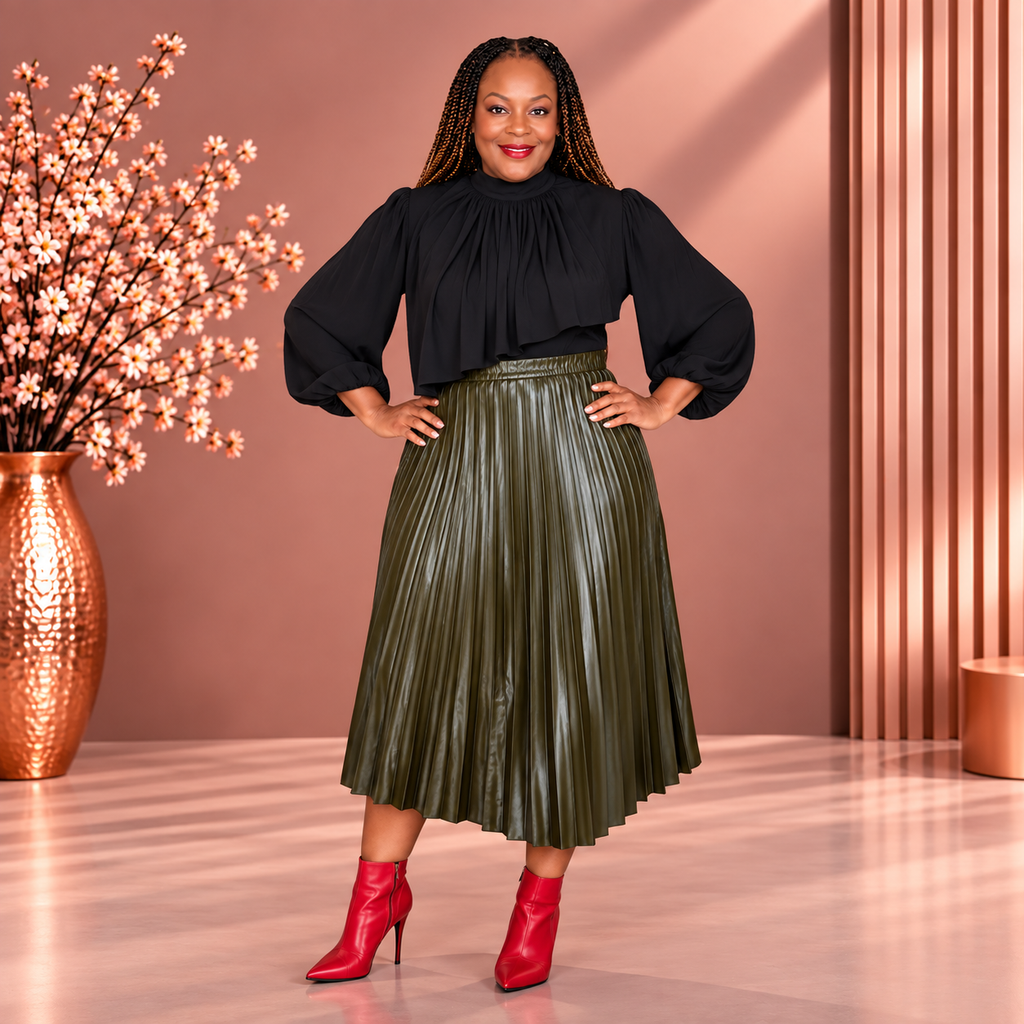 Model wearing a white blouse with an olive green pleated midi skirt, front view.