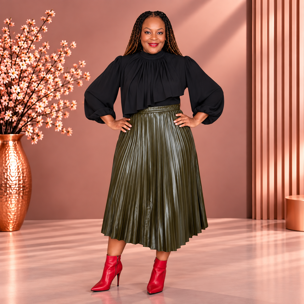 Model wearing a white blouse with an olive green pleated midi skirt, front view.