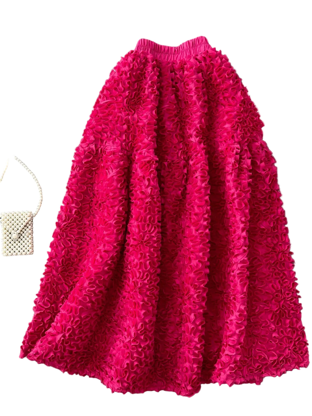 Bright pink A-line midi skirt with raised ruffled flower texture and a gathered elastic waistband, front view.