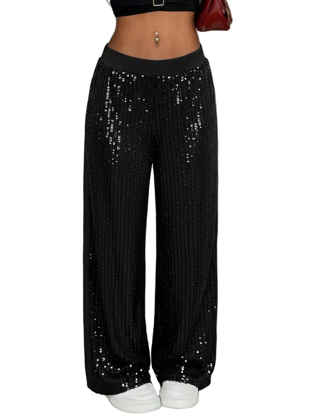 Model wearing black sequin wide-leg pants with a plain waistband, front view.