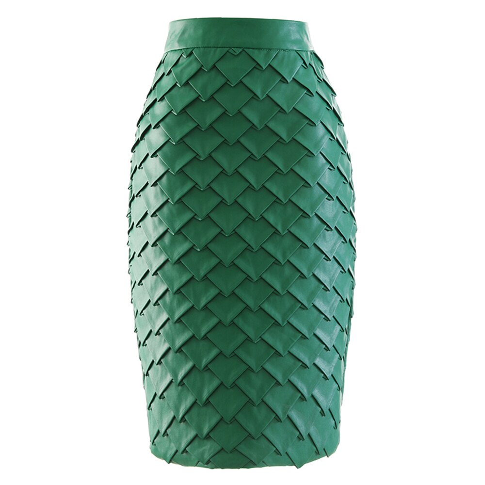 Green pencil skirt with overlapping diamond-shaped panels and a smooth waistband, front view.