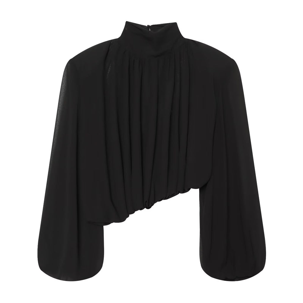 Black high-neck cropped blouse with long balloon sleeves and an asymmetric gathered hem, front view.