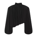 Black high-neck cropped blouse with long balloon sleeves and an asymmetric gathered hem, front view.