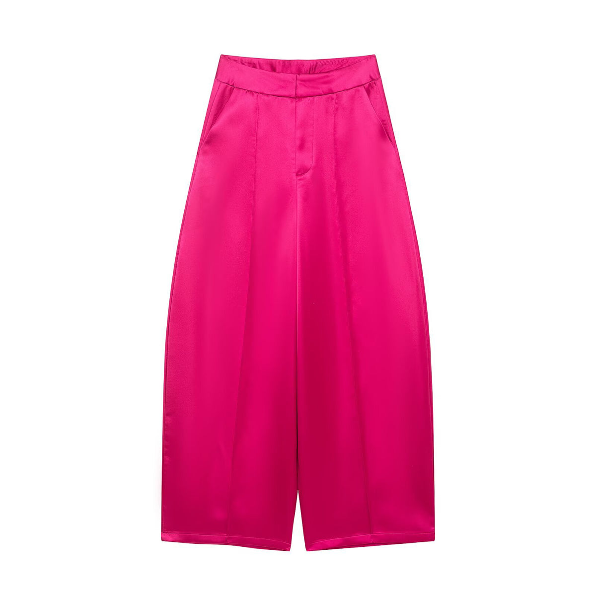 Bright pink satin-look wide-leg pants with a smooth waistband and front pleats, front view.