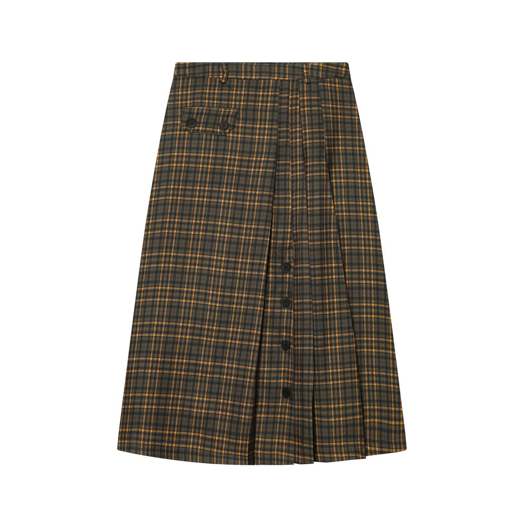 Dark olive plaid midi skirt with front pleats, black buttons, belt loops, and a flap pocket, front view.