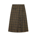 Dark olive plaid midi skirt with front pleats, black buttons, belt loops, and a flap pocket, front view.