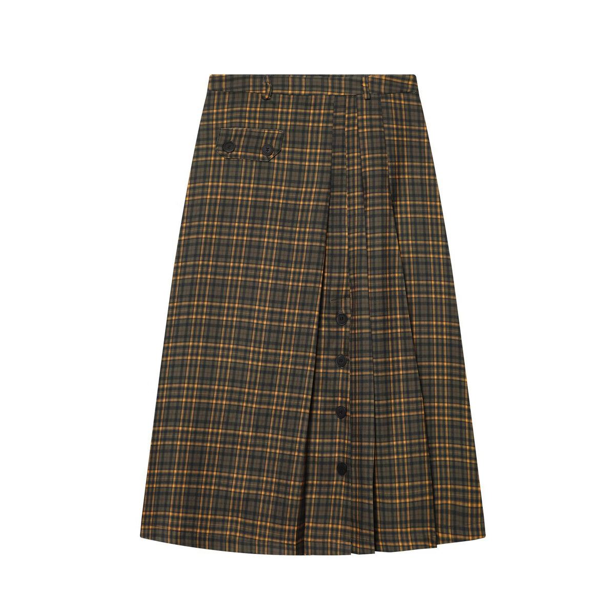 Dark olive plaid midi skirt with front pleats, black buttons, belt loops, and a flap pocket, front view.