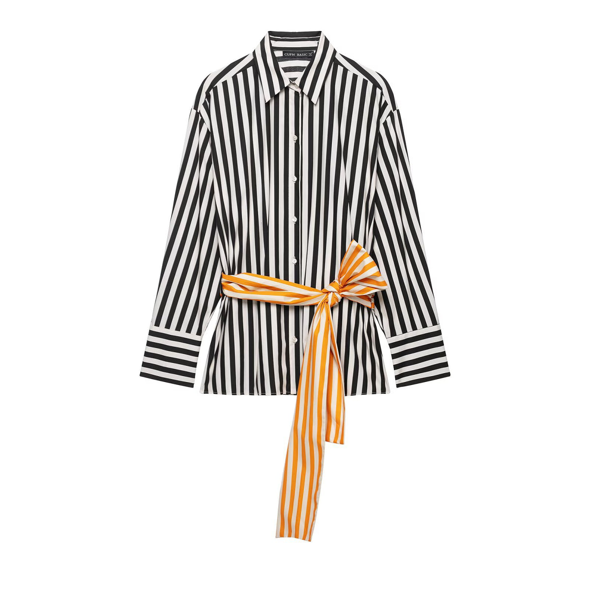 Black and white striped button-front shirt with an orange and white striped waist tie, front view.