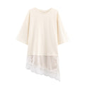 Ivory short-sleeve crewneck T-shirt with an asymmetric sheer lace-trimmed hem, front view.