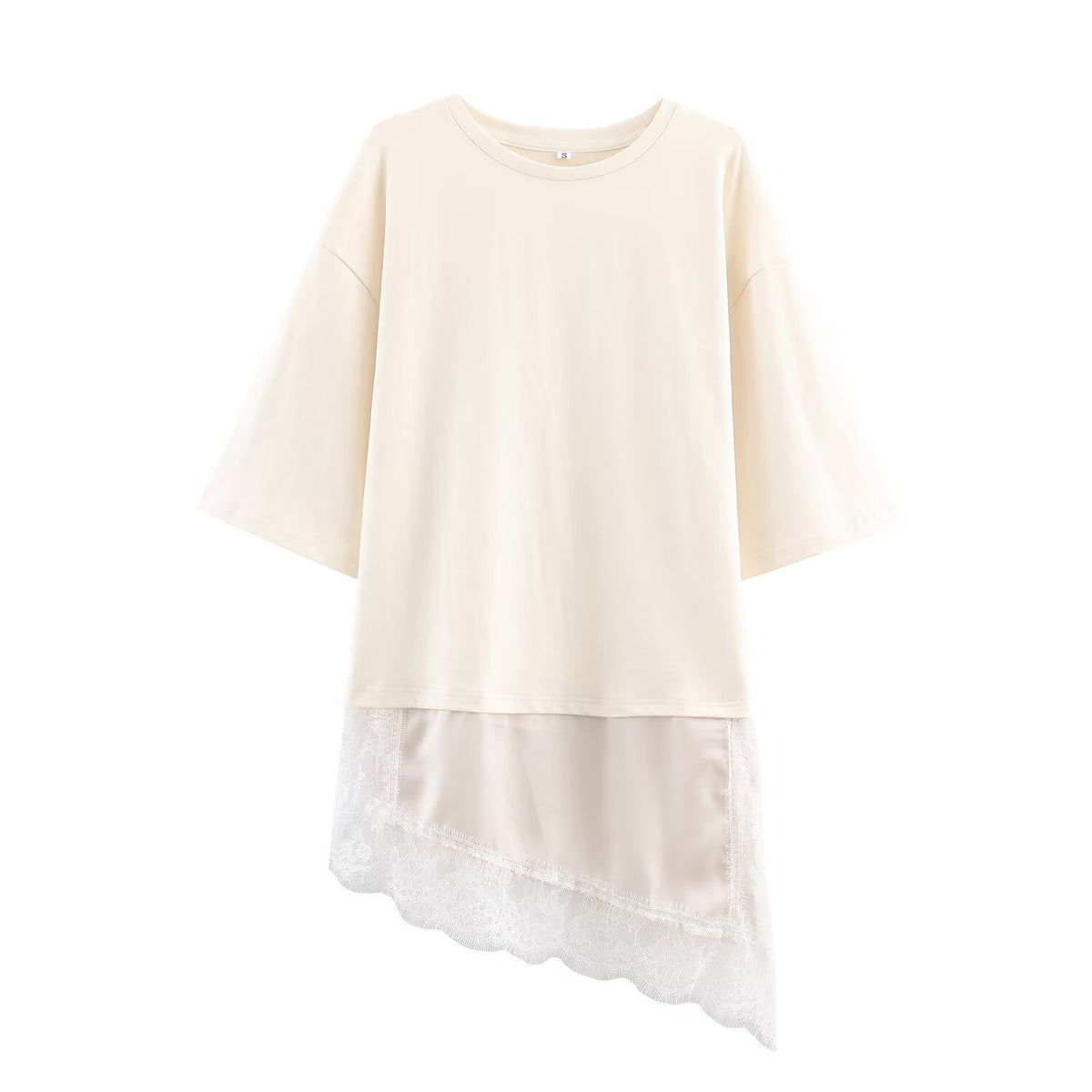 Ivory short-sleeve crewneck T-shirt with an asymmetric sheer lace-trimmed hem, front view.
