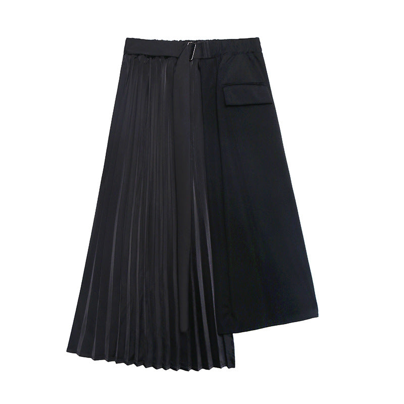 Black asymmetric skirt with a buckle waistband, one pleated panel, and a flap pocket, front view.