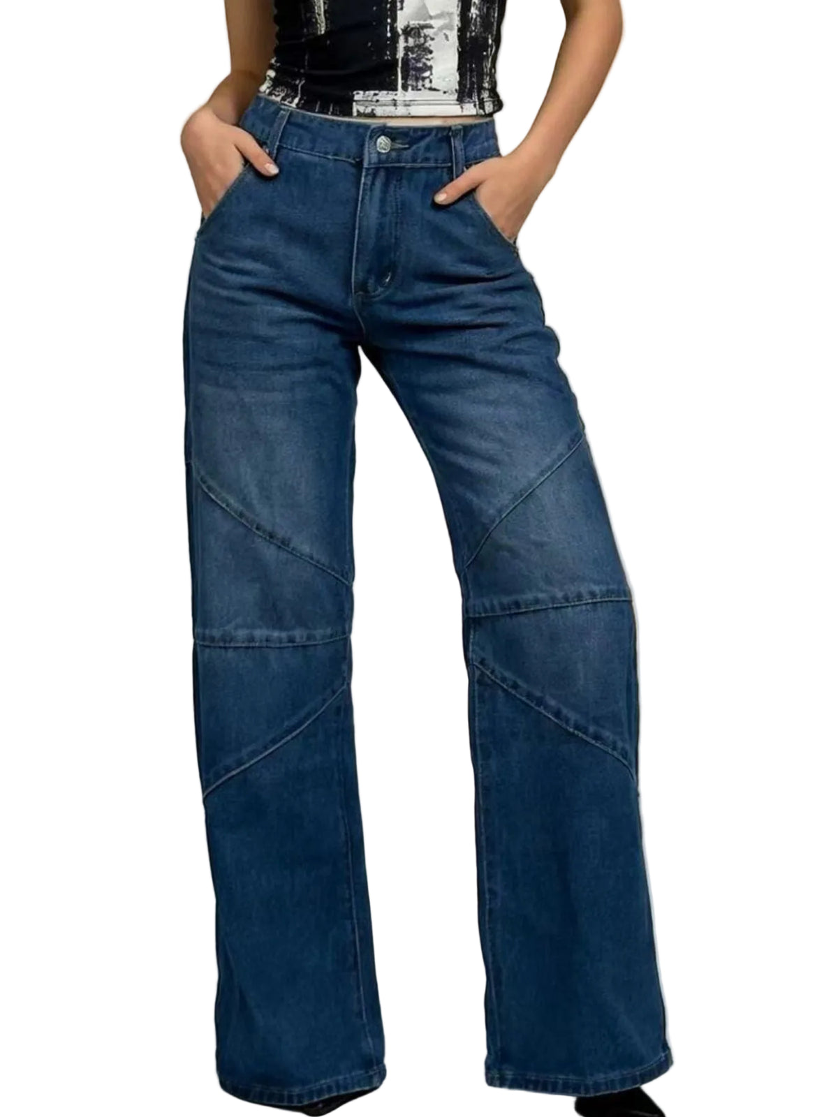 Model wearing blue wide-leg jeans with faded panels and curved leg seams, front view.