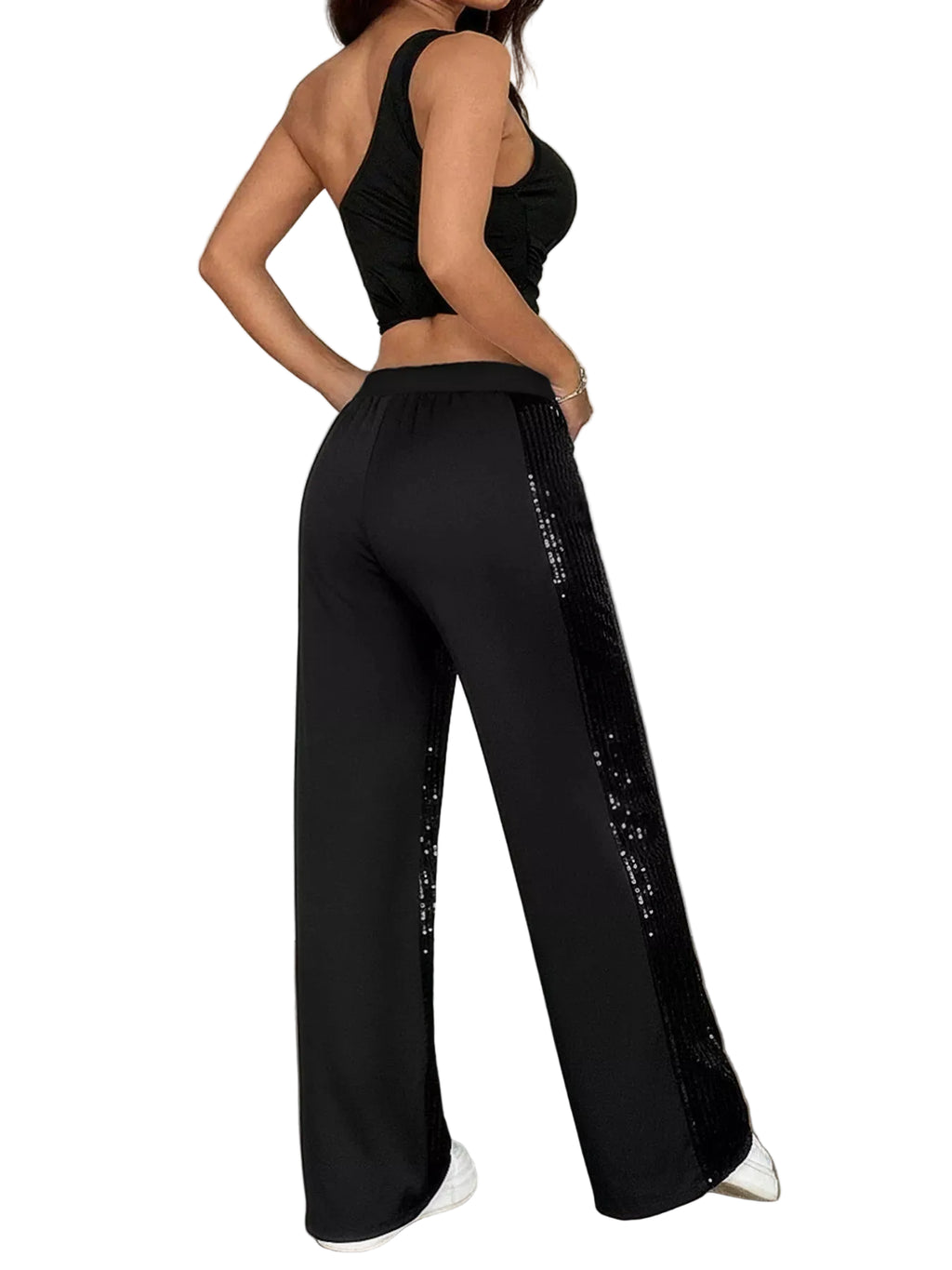 Rear angled view of black wide-leg pants with sequin panels along the sides.