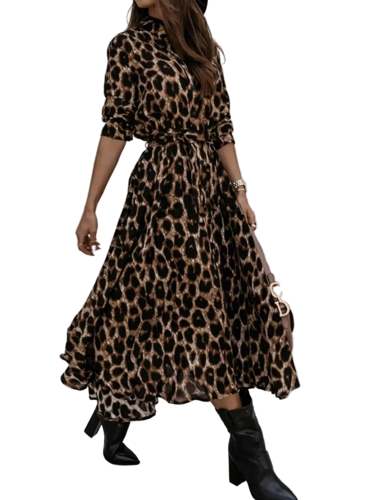 Model wearing a dark leopard-print midi shirt dress with rolled sleeves and a waist tie, angled front view.