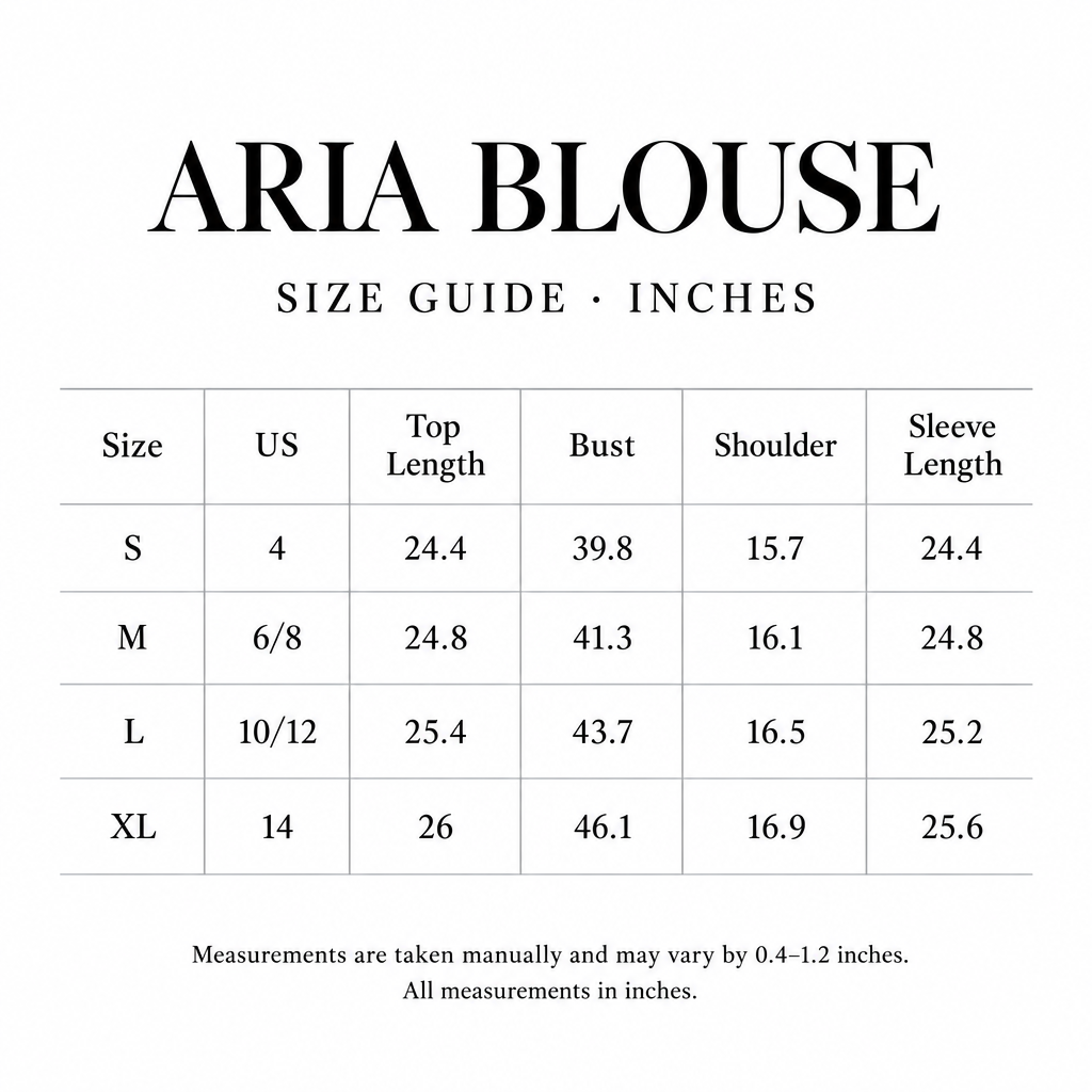 Aria Blouse size chart for S-XL, with US sizes and length, bust, shoulder, and sleeve measurements in inches.