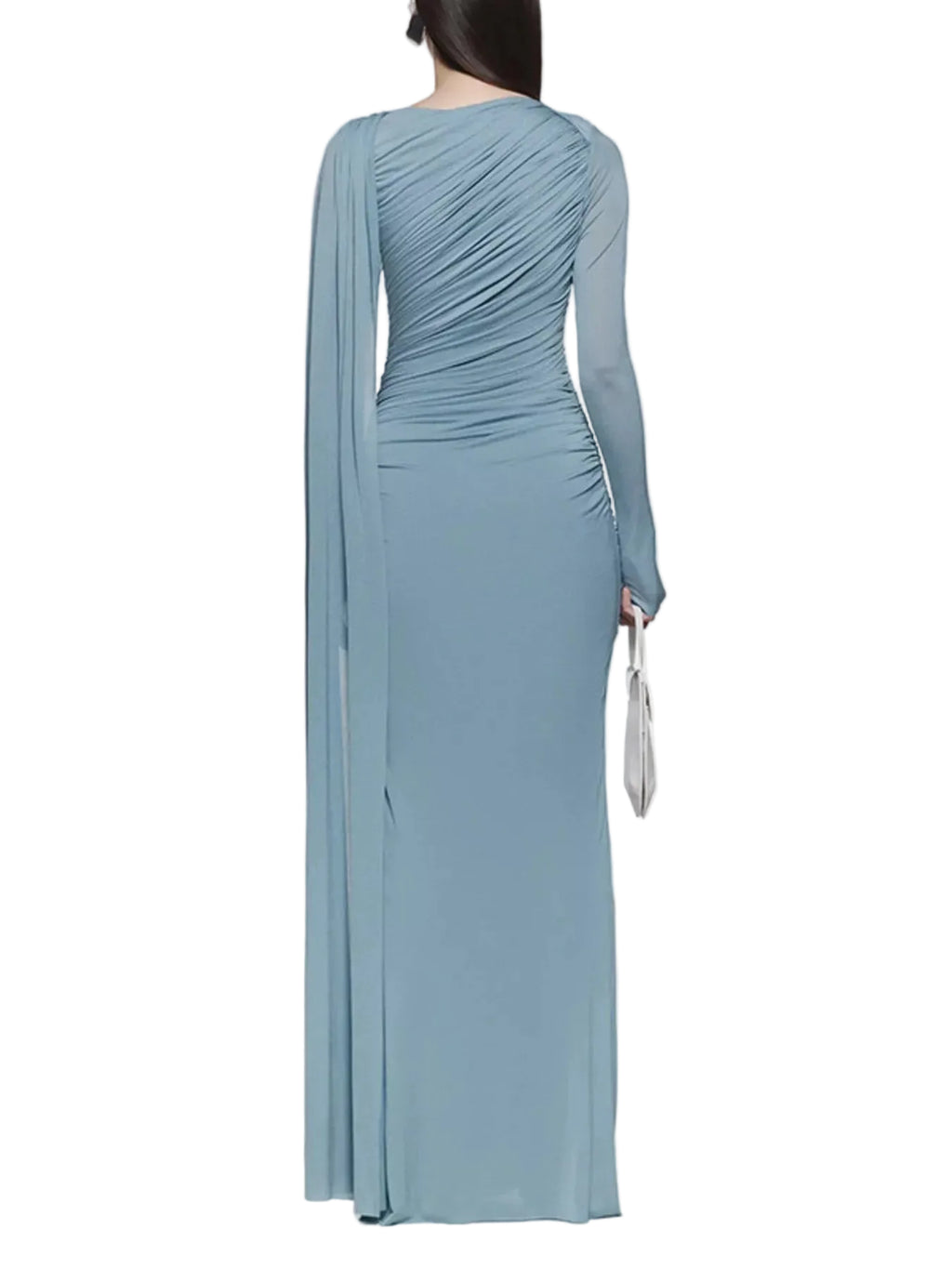 Back view of a dusty blue ruched gown with long sleeves and a long draped shoulder panel.