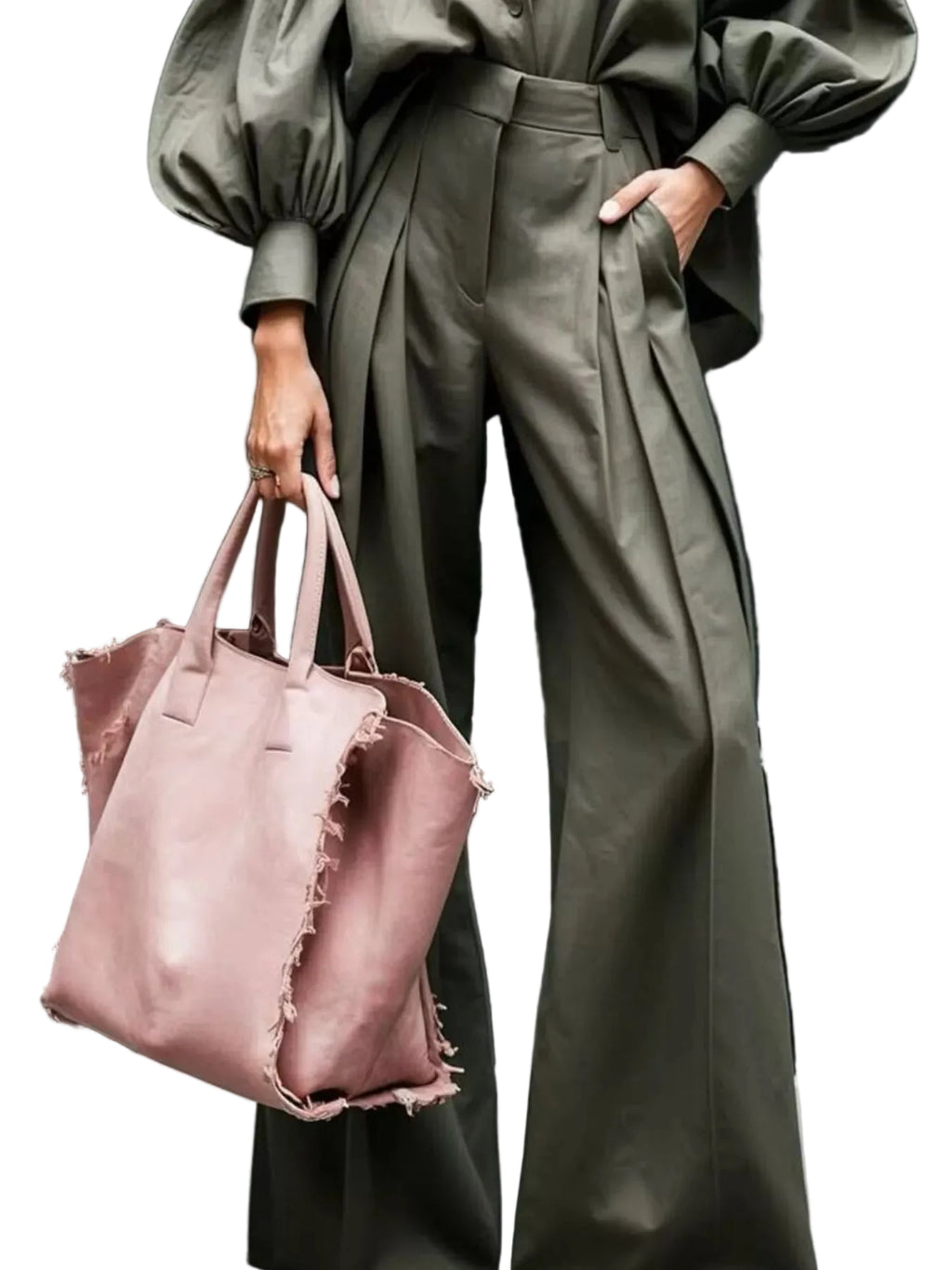 Close-up of olive balloon sleeves, wide shirt cuffs, and the matching pants' waistband, pleats, and side pocket.