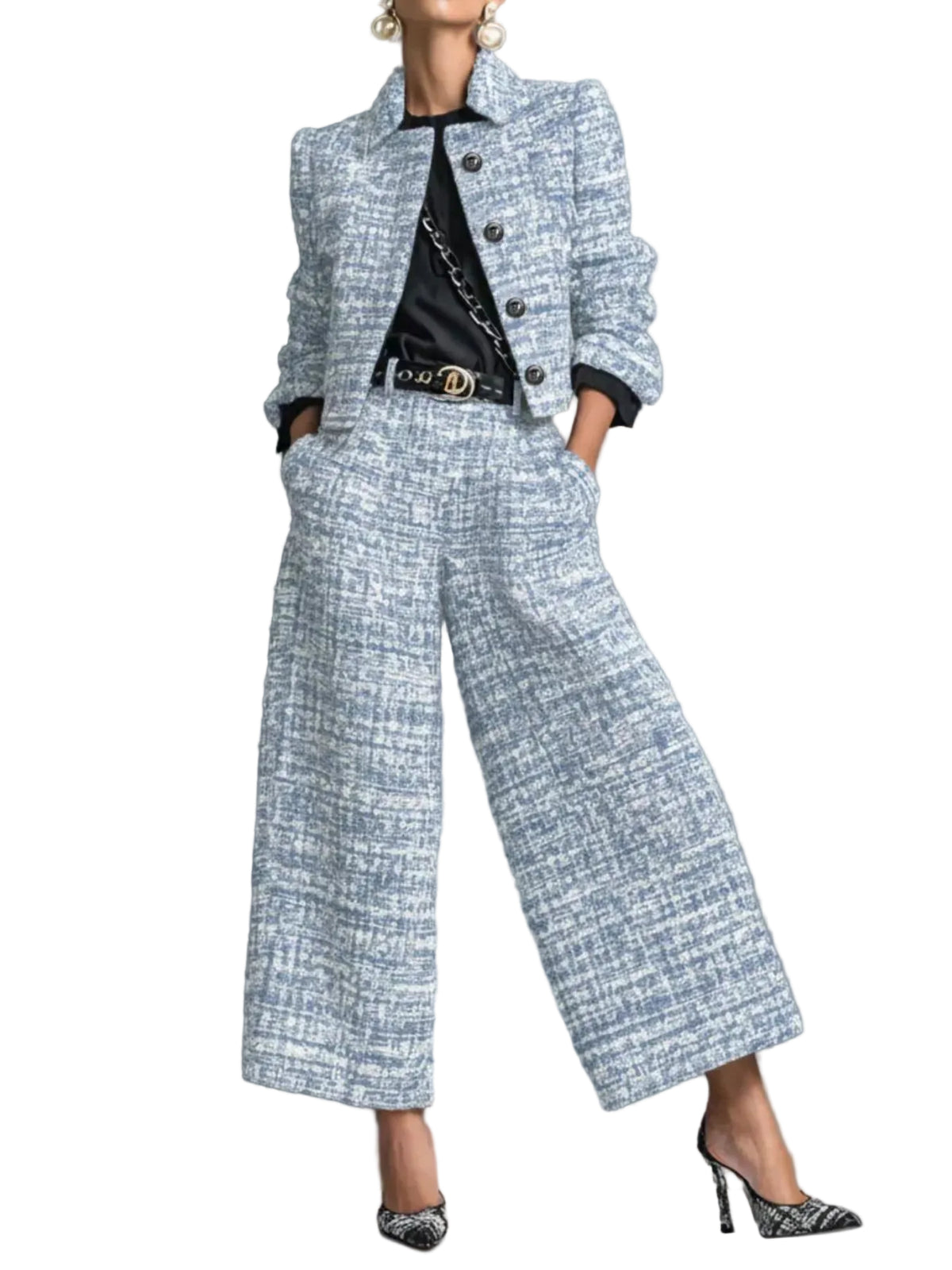 Model wearing a pale blue and white textured cropped jacket and matching wide-leg cropped pants, front view.