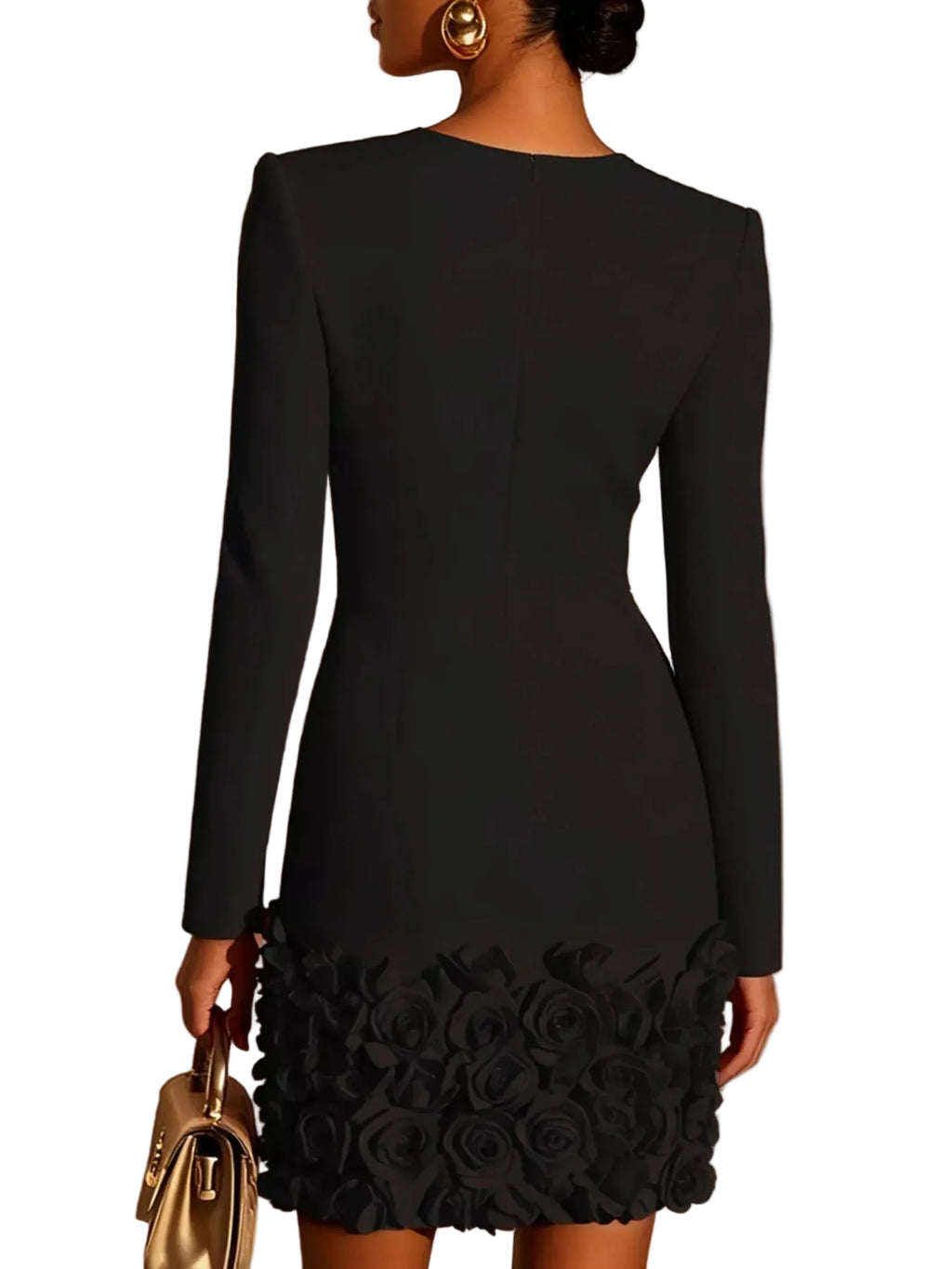 Back view of a black long-sleeve mini dress with raised roses covering the lower skirt.