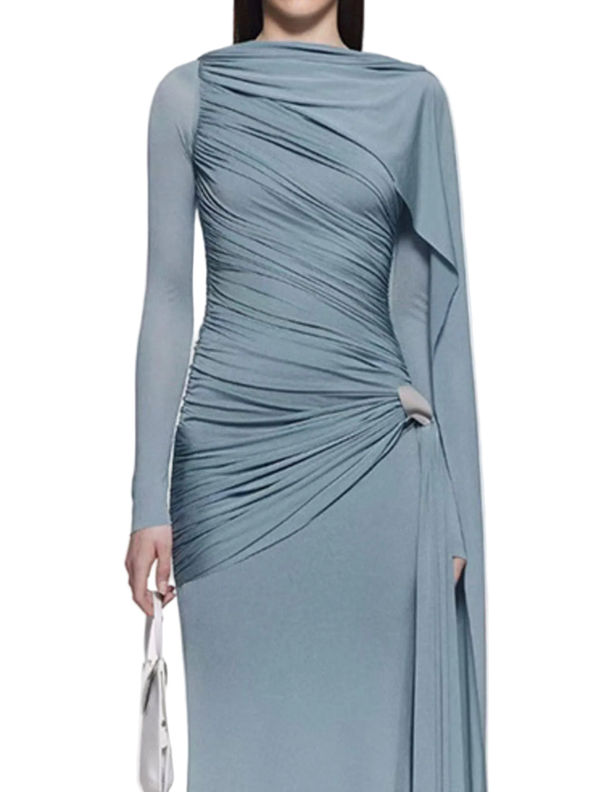 Close-up of a dusty blue gown's ruched bodice, long sleeve, silver hip accent, and draped shoulder panel.
