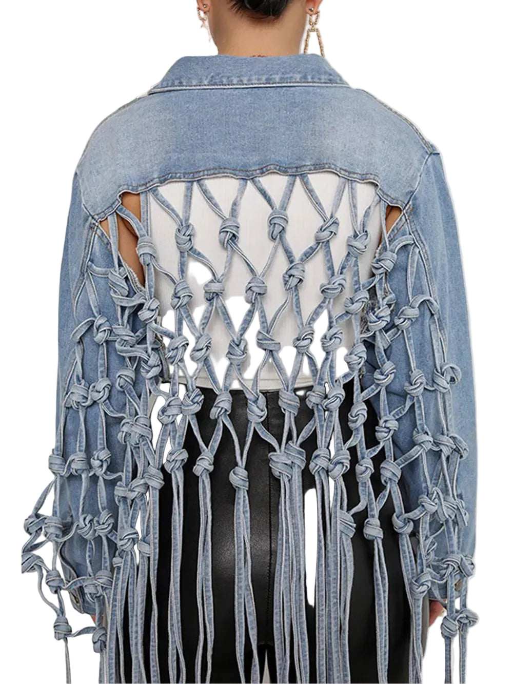Back view of a light blue denim jacket with an open knotted lattice panel and long hanging denim ties.
