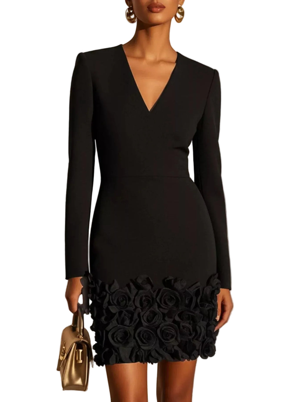 Model wearing a black long-sleeve V-neck mini dress with raised roses covering the lower skirt, front view.