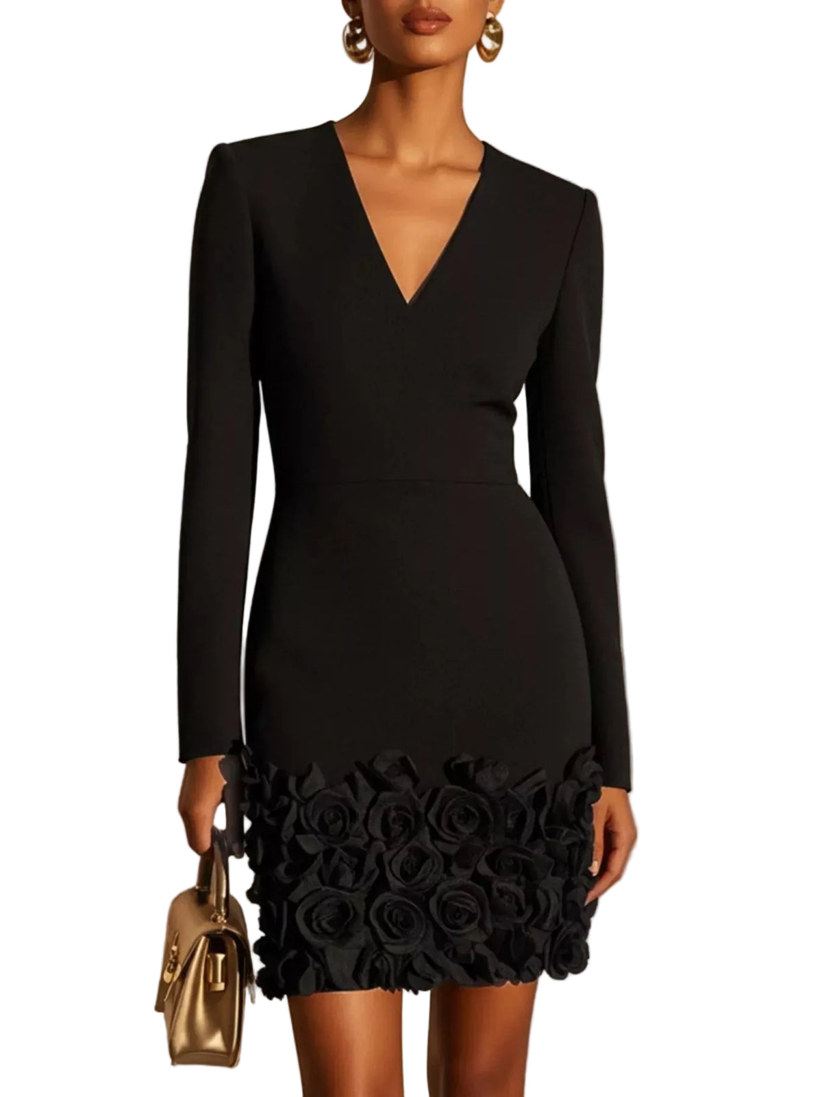 Model wearing a black long-sleeve V-neck mini dress with raised roses covering the lower skirt, front view.